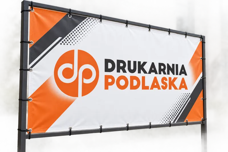 Baner reklamowy z logo Drukarni Podlaskiej zamocowany oczkami na ramie