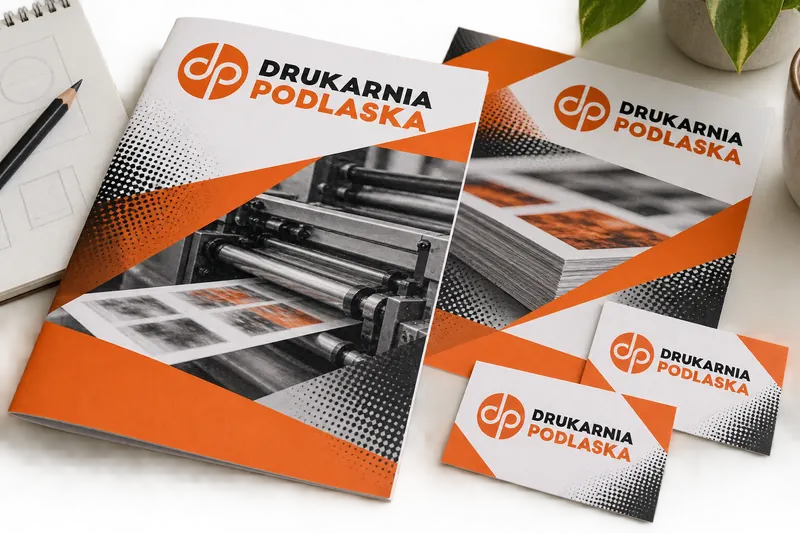 Gotowa broszura, ulotka i wizytówki z wyrazistym projektem obok szkicu w notesie